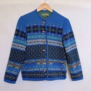 Geiger Blue, Green, Black, Gray Wool Knit Cardigan with Wooden Buttons